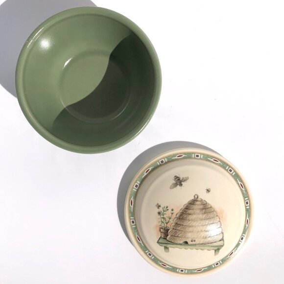 Pfaltzgraff Naturewood Votive Candle Bowl Trinket Dish Lid Beehive Bee Green 592 - Picture 11 of 16